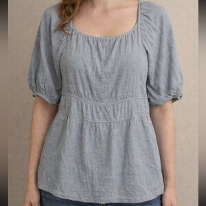 Knox Rose Blue Textured Peasant Top Boho Puff Sleeve Cottagecore SZ M